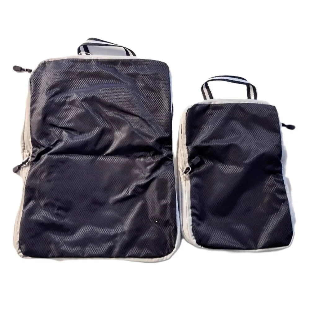 Compression Packing Cube Set of 2 ~ Travel Organizers ~ Expandable ~ Bl/Wh ~ NEW